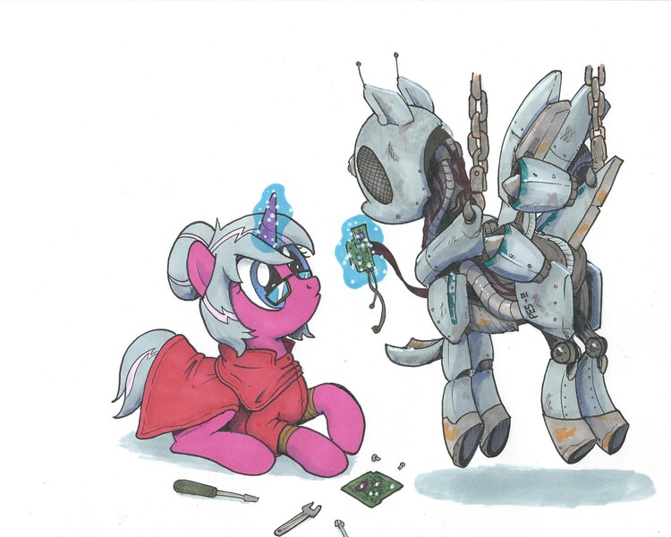 Size: 3000x2400 | Tagged: safe, artist:brisineo, derpibooru import, oc, oc:pes-e, oc:steel cherry, unofficial characters only, pony, robot, robot pony, unicorn, fallout equestria, circuit board, duo, female, glasses, magic, mare, traditional art, wires