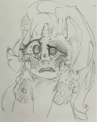 Size: 399x499 | Tagged: grimdark, artist:jericoanon, derpibooru import, starlight glimmer, human, pony, unicorn, abuse, bruised, crying, glimmerbuse, grayscale, hand, monochrome, scared, traditional art