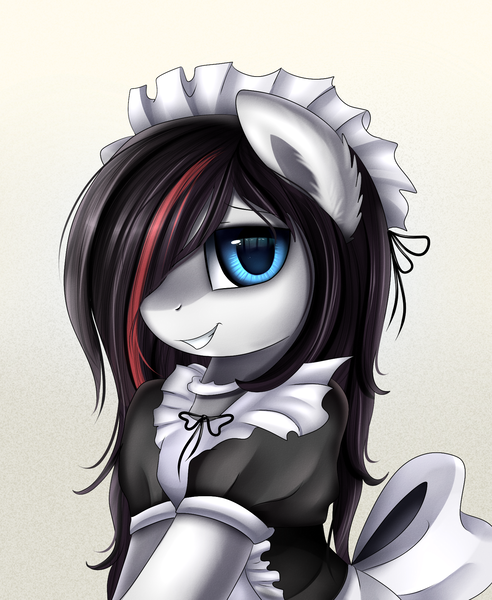 Size: 1446x1764 | Tagged: safe, artist:pridark, derpibooru import, oc, oc:whisper quill, unofficial characters only, earth pony, pony, bust, clothes, commission, cute, female, hair over one eye, maid, mare, portrait, solo