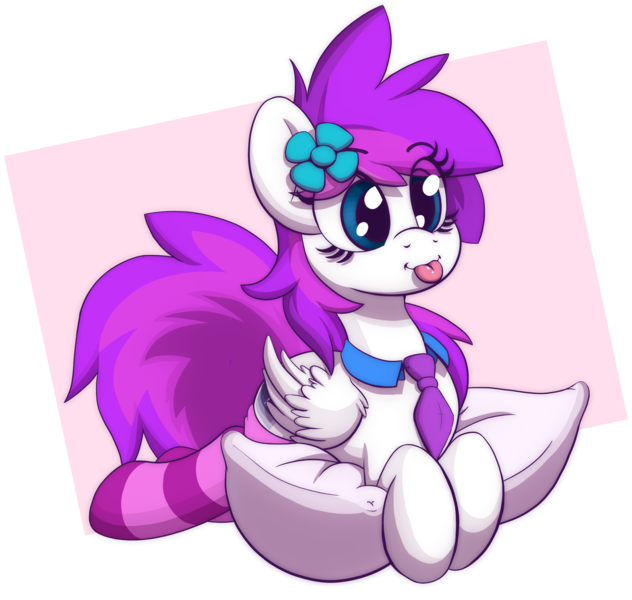 Size: 2500x2373 | Tagged: safe, artist:sharemyshipment, derpibooru import, oc, oc:lavanda, unofficial characters only, pony, clothes, flower, flower in hair, pillow, socks, solo, striped socks, tongue out