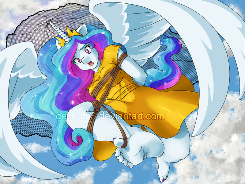 Size: 1024x768 | Tagged: anthro, arm behind back, artist:delirium8, barefoot, bondage, breasts, commission, derpibooru import, falling, feet, female, looking down, mid-flight, net, plantigrade anthro, princess celestia, questionable, rope, rope bondage, sky, solo, solo female, surprised, watermark