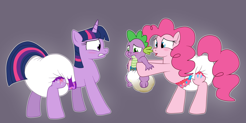 Size: 2400x1200 | Tagged: artist:hodgepodgedl, artist:pidgopidgey, derpibooru import, diaper, diaper fetish, dragon, fetish, messy diaper, pinkie pie, poofy diaper, poop, poopy diaper, questionable, simple background, spike, twilight sparkle, urine, wet diaper