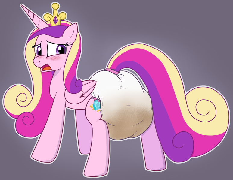 Size: 1600x1240 | Tagged: questionable, artist:hodgepodgedl, artist:pidgopidgey, derpibooru import, princess cadance, alicorn, pony, blushing, diaper, diaper fetish, female, fetish, mare, messy diaper, open mouth, poofy diaper, poop, poopy diaper, simple background, solo, solo female