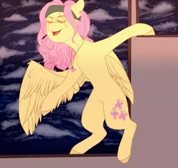 Size: 5192x4892 | Tagged: safe, artist:illustrativeauthor, artist:inklynn, derpibooru import, fluttershy, pegasus, pony, absurd resolution, bandana, bipedal, eyes closed, jewelry, necklace, night, one wing out, open mouth, solo, talking