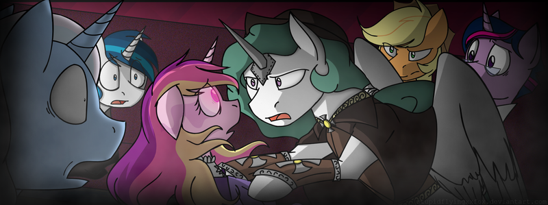 Size: 1940x724 | Tagged: safe, artist:stuflox, derpibooru import, part of a set, applejack, princess cadance, princess celestia, shining armor, trixie, twilight sparkle, twilight sparkle (alicorn), alicorn, pony, clothes, crossover, dracula, dress, female, looking at each other, male, mare, musical, open mouth, part of a series