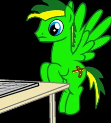 Size: 503x554 | Tagged: safe, artist:didgereethebrony, derpibooru import, oc, oc:didgeree, unofficial characters only, pegasus, pony, computer, flying, laptop computer, table, wings