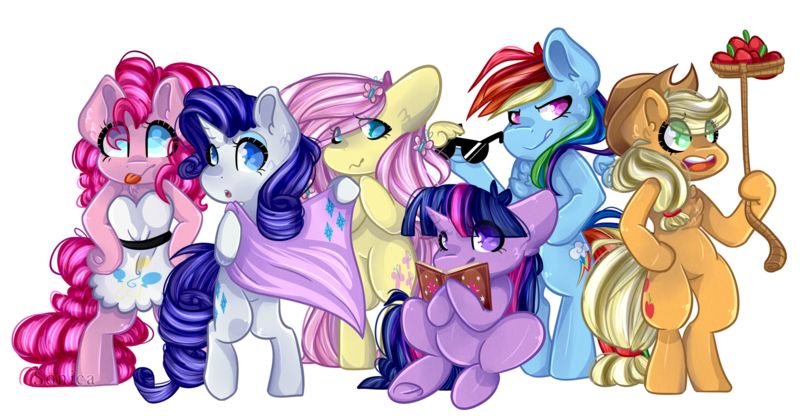 Size: 2161x1125 | Tagged: safe, artist:sonica98, derpibooru import, applejack, fluttershy, pinkie pie, rainbow dash, rarity, twilight sparkle, semi-anthro, apple, bipedal, book, clothes, dress, food, lasso, mane six, rope, simple background, sitting, sunglasses, tongue out, transparent background