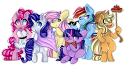 Size: 2161x1125 | Tagged: safe, artist:sonica98, derpibooru import, applejack, fluttershy, pinkie pie, rainbow dash, rarity, twilight sparkle, semi-anthro, apple, bipedal, book, clothes, dress, food, lasso, mane six, rope, simple background, sitting, sunglasses, tongue out, transparent background