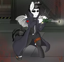 Size: 3259x3152 | Tagged: safe, artist:jacod, derpibooru import, oc, oc:thunder wave, unofficial characters only, pony, vampony, albert wesker, blood, clothes, resident evil 5, solo, spread wings, sunglasses, trenchcoat, warhead, wings