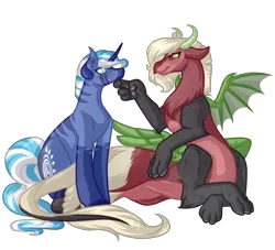 Size: 5500x5000 | Tagged: safe, artist:amazing-artsong, derpibooru import, oc, oc:princess amaya, oc:strawberry fuzz, unofficial characters only, draconequus, hybrid, unicorn, zebra, zony, absurd resolution, commission, duo, female, horn, looking at each other, mare, simple background, sitting, smiling, transparent background