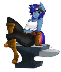 Size: 1300x1548 | Tagged: safe, artist:zzvinniezz, derpibooru import, oc, oc:ryo, unofficial characters only, anthro, unicorn, anthro oc, anvil, boots, clothes, commission, female, gloves, goggles, mare, pants, shoes, simple background, transparent background