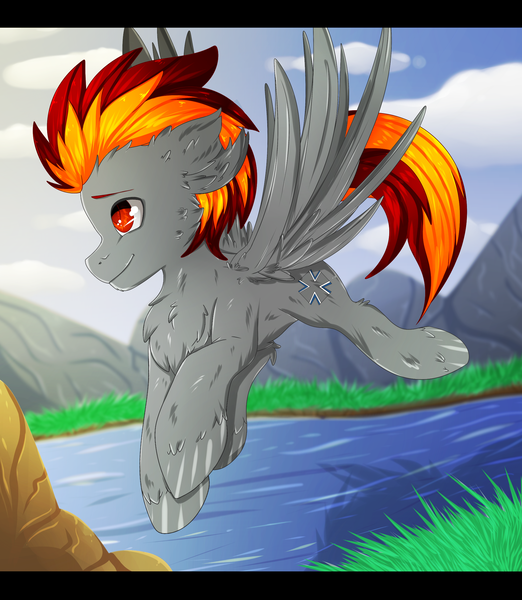 Size: 1914x2200 | Tagged: safe, artist:fkk, derpibooru import, oc, oc:explosivepone, unofficial characters only, pegasus, pony, cute, cutie mark, flying, male, nature, present, request, solo, stallion