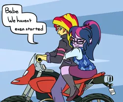 Size: 2400x2000 | Tagged: safe, artist:rawrienstein, derpibooru import, sci-twi, sunset shimmer, twilight sparkle, equestria girls, female, hug, lesbian, motorcycle, scared, scitwishimmer, shipping, sunsetsparkle