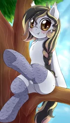 Size: 1073x1895 | Tagged: safe, artist:evomanaphy, derpibooru import, oc, oc:sunflower seed, unofficial characters only, bat pony, pony, bat pony oc, blushing, butt freckles, clothes, cute, doodle, fangs, female, filly, freckles, happy, kneesocks, looking at you, offspring, parent:oc:evo, parent:oc:metal tune, parents:evune, parents:oc x oc, sitting, sketch, smiling, socks, solo, tree