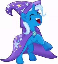 Size: 736x813 | Tagged: safe, derpibooru import, trixie, pony, unicorn, my little pony: the movie, cape, clothes, cute, eyes closed, female, hat, hoofy-kicks, mare, open mouth, rearing, simple background, smiling, solo, trixie's cape, trixie's hat, white background