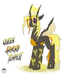 Size: 1400x1400 | Tagged: safe, artist:sanyo2100, derpibooru import, changeling queen oc, oc, oc:armord tempest, unofficial characters only, changeling, changeling queen, changeling oc, electric changeling, female, lighting, looking at you, simple background, solo, tongue out, transparent background, yellow changeling