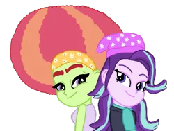 Size: 1029x776 | Tagged: safe, artist:ktd1993, derpibooru import, starlight glimmer, tree hugger, equestria girls, afro, beanie, clothes, equestria girls-ified, female, hat, lesbian, shipping, starhugger