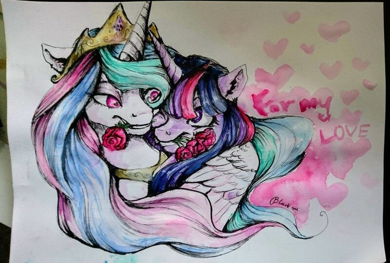 Size: 1024x691 | Tagged: safe, artist:black-opal1, derpibooru import, princess celestia, twilight sparkle, pony, female, flower, hug, lesbian, rose, shipping, snuggling, traditional art, twilestia, winghug