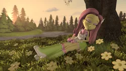 Size: 2000x1125 | Tagged: safe, artist:yanpictures, derpibooru import, fluttershy, sweetie belle, pony, unicorn, equestria girls, 3d, boots, clothes, cute, eyes closed, forest, resting, river, scenery, shoes, skirt, socks, source filmmaker, tanktop, tree