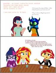 Size: 893x1172 | Tagged: safe, artist:robbedhondt, derpibooru import, sci-twi, sunset shimmer, twilight sparkle, oc, oc:delta, oc:gamma, oc:jullia, changeling, hybrid, fanfic, equestria girls, alcohol, alternate character interpretation, changeling hybrid, changeling oc, clothes, comic, crossover, cute, dialogue, fanfic art, female, frown, grin, lesbian, lidded eyes, looking at each other, magical lesbian spawn, no pupils, offspring, open mouth, parent:sci-twi, parent:sunset shimmer, parent:twilight sparkle, parents:scitwishimmer, parents:sunsetsparkle, scientific lesbian spawn, scitwishimmer, self paradox, shipping, simple background, sitting, smiling, smirk, sunsetsparkle, sweat, sweatdrop, sweater, table, text, water, waving, white background