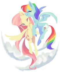 Size: 1870x2244 | Tagged: safe, artist:bedupolker, derpibooru import, fluttershy, rainbow dash, pegasus, pony, cloud, duo, eyes closed, female, flutterdash, flying, holding hooves, kissing, lesbian, lineless, one eye closed, shipping, spread wings, wings