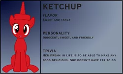 Size: 3876x2329 | Tagged: safe, artist:badumsquish, derpibooru import, oc, ponified, unofficial characters only, condiment pony, food pony, original species, pony, bio, female, food, gradient background, grin, happy, ketchup, looking at you, open mouth, sauce, sitting, smiling, solo
