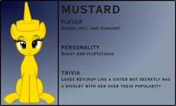 Size: 3876x2329 | Tagged: safe, artist:badumsquish, derpibooru import, oc, ponified, unofficial characters only, condiment pony, food pony, original species, pony, bedroom eyes, bio, female, flirty, food, gradient background, looking at you, mustard, sauce, sitting, smiling, solo