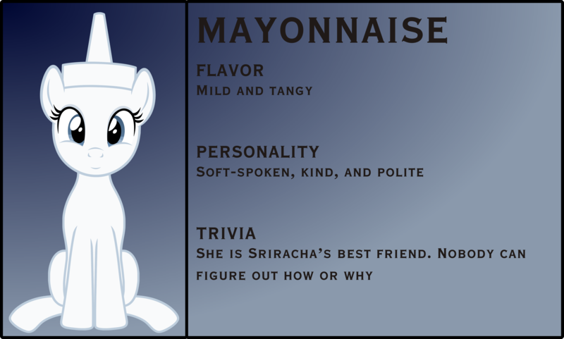 Size: 3876x2329 | Tagged: safe, artist:badumsquish, derpibooru import, oc, ponified, unofficial characters only, condiment pony, food pony, original species, pony, bio, female, food, gradient background, looking at you, mayonnaise, sauce, sitting, smiling, solo