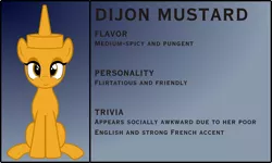 Size: 3876x2329 | Tagged: safe, artist:badumsquish, derpibooru import, oc, ponified, unofficial characters only, condiment pony, food pony, original species, pony, bedroom eyes, bio, dijon mustard, female, food, gradient background, looking at you, mustard, sauce, sitting, smiling, solo
