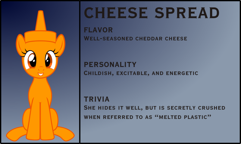 Size: 3876x2329 | Tagged: safe, artist:badumsquish, derpibooru import, oc, ponified, unofficial characters only, condiment pony, food pony, original species, pony, :d, bio, cheese, cheese spread, female, food, gradient background, grin, looking at you, sitting, smiling, solo