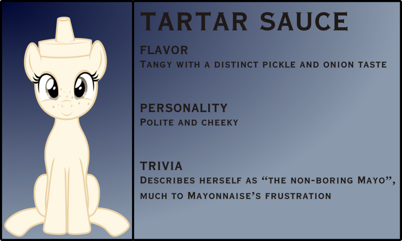 Size: 3876x2329 | Tagged: safe, artist:badumsquish, derpibooru import, oc, ponified, unofficial characters only, condiment pony, food pony, original species, pony, bio, female, food, freckles, gradient background, looking at you, sitting, smiling, solo, tartar sauce