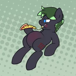 Size: 500x500 | Tagged: suggestive, artist:stunnerpone, derpibooru import, oc, oc:on-three, unofficial characters only, pony, belly, chubby, eating, food, male, pizza, sitting, solo, solo male, stallion, stuffed