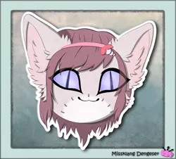 Size: 1803x1629 | Tagged: artist:missklang, cat eyes, cat pony, derpibooru import, ear fluff, head, no nose, oc, original species, safe, signature, slit eyes, smiling, solo, sticker, unofficial characters only