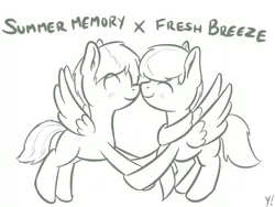 Size: 2000x1500 | Tagged: safe, artist:yakoshi, derpibooru import, oc, oc:fresh breeze, oc:summer memory, unofficial characters only, pegasus, pony, blushing, boop, eyes closed, gay, male, monochrome, noseboop, oc x oc, shipping, stallion