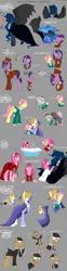 Size: 1280x5152 | Tagged: safe, artist:stuflox, derpibooru import, fluttershy, igneous rock pie, pinkie pie, prince blueblood, princess luna, twilight sparkle, pony, vampire, absurd resolution, alfred, bathtub, bubble bath, chagal, clothes, count von krolock, crossover, dance of the vampires, dress, garlic, glasses, gold tooth, hanging, herbert, male, professor abronsius, reference sheet, sarah, stallion, starry eyes, wingding eyes