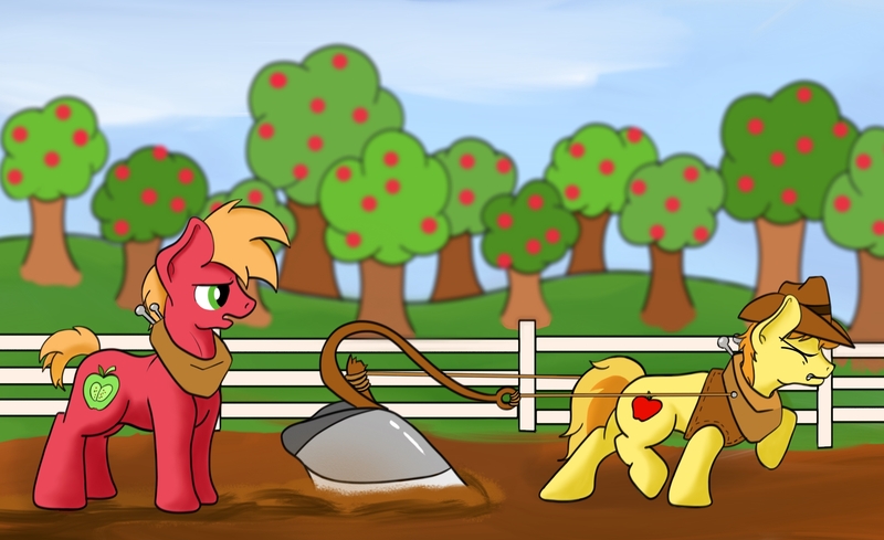 Size: 2071x1266 | Tagged: safe, artist:life of a little blue horse, derpibooru import, big macintosh, braeburn, earth pony, pony, apple, food, male, plow, pulling, stallion, sweet apple acres, textless version