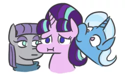 Size: 535x316 | Tagged: safe, artist:jargon scott, derpibooru import, maud pie, starlight glimmer, trixie, earth pony, pony, unicorn, :i, bust, female, inconvenient, inconvenient maud, inconvenient trixie, mare, no pupils, personal space invasion, portrait, simple background, trio, uncomfortable, white background