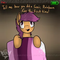 Size: 750x750 | Tagged: safe, artist:conmanwolf, derpibooru import, scootaloo, pony, ask factory scootaloo, fanfic:rainbow factory, battery, comic, factory scootaloo, recording