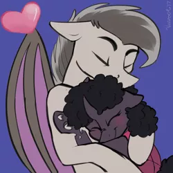 Size: 3000x3000 | Tagged: safe, artist:veesocks, derpibooru import, oc, oc:dazzling flash, oc:wing dancer, unofficial characters only, bat pony, changeling, bat pony oc, changeling oc, cuddling, curly hair, dazzwing, heart, oc x oc, poem in the source, purple changeling, shipping