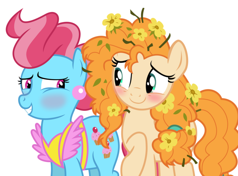 Size: 1362x1010 | Tagged: safe, artist:charity-rose, artist:jeatz-axl, derpibooru import, cup cake, pear butter, pony, the perfect pear, blushing, buttercake, eye contact, female, lesbian, looking at each other, shipping