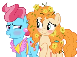 Size: 1362x1010 | Tagged: safe, artist:charity-rose, artist:jeatz-axl, derpibooru import, cup cake, pear butter, pony, the perfect pear, blushing, buttercake, eye contact, female, lesbian, looking at each other, shipping