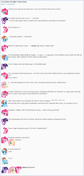 Size: 868x1822 | Tagged: artist:dziadek1990, conversation, derpibooru import, description is relevant, dialogue, dungeons and dragons, embarrassed, emotes, emote story, emote story:ponies and d&d, flirting, fluttershy, laughing, murder, oc, oc:pinka, oc:shade, oc:skullfuck doombringer, pinkie pie, prank, rainbow dash, reddit, rpg, safe, slice of life, tabletop game, text, twilight sparkle, vulgar, whoopie cushion