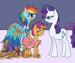 Size: 1024x853 | Tagged: safe, artist:yourfavoritelove, derpibooru import, rainbow dash, rarity, scootaloo, pegasus, pony, unicorn, picture perfect pony, annoyed, clothes, continue, dirty, dress, eyes closed, female, filly, mare, messy, mud, pretty, rainbow dash always dresses in style, tongue out
