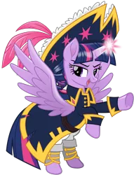 Size: 3100x4050 | Tagged: safe, artist:cheezedoodle96, derpibooru import, twilight sparkle, twilight sparkle (alicorn), alicorn, pony, my little pony: the movie, .svg available, belt, captain, captain twilight, clothes, feather, female, frog (hoof), giant hat, glowing horn, hat, hoofy-kicks, looking at you, magic, mare, open mouth, pants, pirate costume, pirate hat, pirate twilight, rearing, simple background, smiling, smirk, solo, spats, spread wings, svg, transparent background, underhoof, uniform, vector, windswept mane, wings