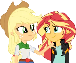 Size: 3656x3001 | Tagged: safe, artist:cloudyglow, derpibooru import, applejack, sunset shimmer, equestria girls, friendship games, .ai available, belt, clothes, comforting, cowboy hat, denim skirt, duo, female, freckles, hat, jacket, leather jacket, looking at each other, shirt, simple background, skirt, smiling, stetson, transparent background, vector