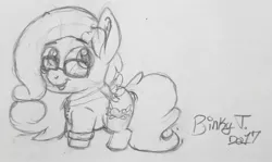 Size: 2177x1298 | Tagged: safe, artist:binkyt11, derpibooru import, oc, oc:saving grace, unofficial characters only, pegasus, pony, chibi, clothes, cute, ear fluff, female, glasses, mare, monochrome, solo, traditional art