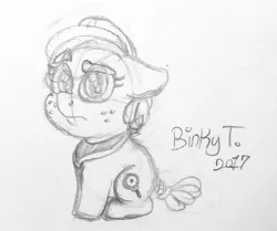 Size: 2096x1756 | Tagged: safe, artist:binkyt11, derpibooru import, oc, oc:eileen hunt, unofficial characters only, earth pony, pony, bandana, chibi, cute, eyebrows, female, freckles, mare, monochrome, sitting, solo, traditional art