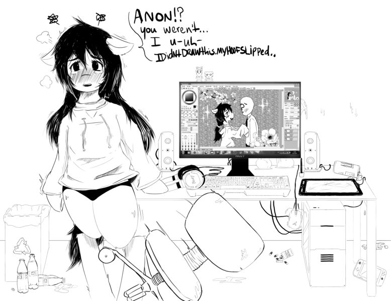 Size: 3497x2696 | Tagged: questionable, artist:a neet guy, derpibooru import, oc, oc:anon, oc:floor bored, unofficial characters only, earth pony, pony, /mlp/, 4chan, bipedal, blushing, bottle, can, chair, clothes, computer, computer mouse, dialogue, dildo, drawing tablet, female, floppy ears, flower, headphones, hoodie, horsecock dildo, keyboard, mare, monitor, monochrome, nintendo switch, offscreen character, open mouth, panties, pills, recycle bin, sex toy, solo, solo female, speakers, sweat, table, underwear, water bottle