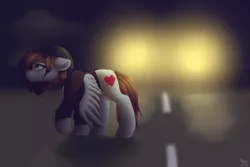 Size: 3000x2000 | Tagged: safe, artist:spirit-dude, derpibooru import, oc, oc:spirit rose, unofficial characters only, pegasus, pony, beanie, car, clothes, female, hat, headlights, hoodie, mare, night, road, sad, solo, street, wings