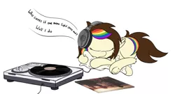 Size: 4311x2332 | Tagged: safe, artist:prismstreak, derpibooru import, oc, oc:prism streak, unofficial characters only, pony, chester bennington, crying, eyes closed, headphones, linkin park, lying down, nudity, pillow, prone, rainbow hair, record player, sad, tinyface, vinyl